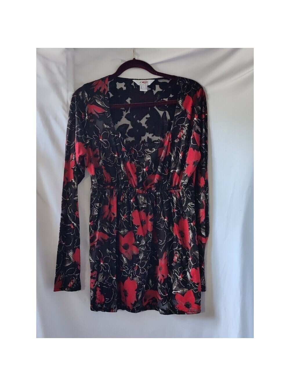 Adora Floral Sheer Top Blouse Long Sleeve Elastic Waist Black/Red Size Large